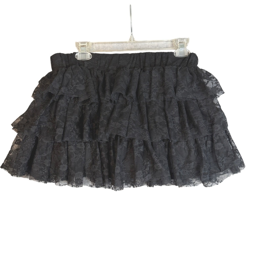 Y2K Black Lace Tiered Micro Mini Skirt Ruffle Skort L Coquette Dark Whimsigoth